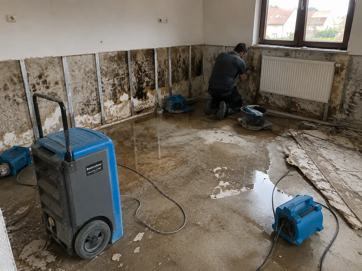 Wasserschadensanierung mit Trocknungsgeräten in einer Hamburger Wohnung
